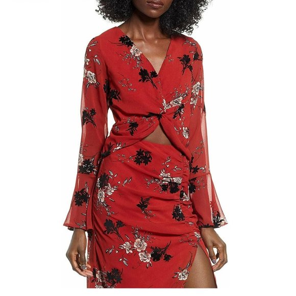 4SI3NNA Women Long Sleeves Twist Front Crop Top | Size - Small | Rust Floral - Picture 1 of 1